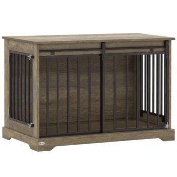 PawHut Jaula para Perros en Madera y Acero con Puerta Corredera y Mesa Auxiliar 100x60x68 cm Gris-Marrón   Aosom España
