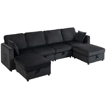 HOMCOM Sofá esquinero 4 plazas en forma de U con otomana con almacenamiento, chaiselongue 306 cm con efecto pana, 4 cojines, para salón