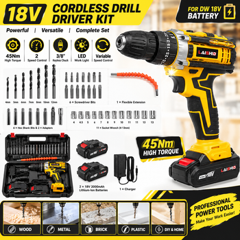 Kit de taladro atornillador inalámbrico de 18 V, 23 piezas, 45 Nm de par motor, taladro eléctrico de 2 velocidades con luz LED, portabrocas de 3/8