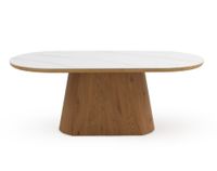 mesa comedor oval chapada en roble con sobre ceramico blanco calacatta