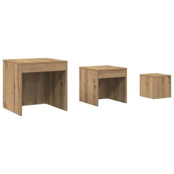 3 Uds Mesas Apilables，mesa Auxiliar，mesita De Centro Madera Contrachapada Color Roble Artisan