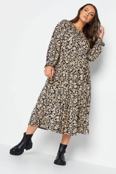 Yours Vestido Midaxi Negro De Florecillas Beige, Mujer Curvy Y Tallas Grandes, Yours