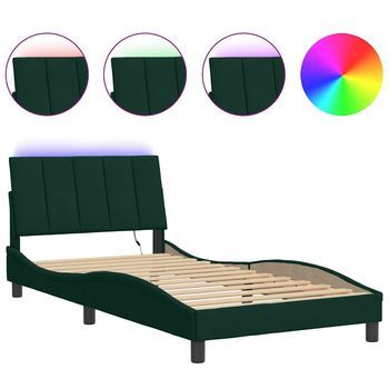 Cama Para Adulto | Cama Individual | Estructura De Cama Luces Led Terciopelo Verde Oscuro 100x200 Cm