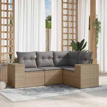 Conjunto De Sofás Jardín Con Cojines 4 Uds | Mueble Jardin Mesa Y Sillas Ratán Sintético Beige Cfw890768