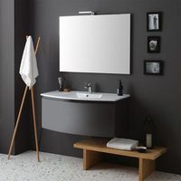 mueble de bano curvado suspendido gris pizarra con lavabo de ceramica y espejo led  riva