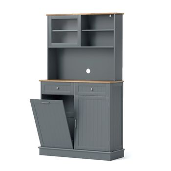 Costway Armario de Basura con Puerta Abatible Doble Armario de Almacenaje de Cocina con Encimera de Madera de Caucho Cubo de Basura de 38 L Gris
