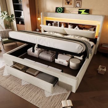 Cama Tapizada Beige Lino Con Almacenamiento Hidráulico, Cabecero Con Almacenamiento, Led, Usb/usb-c, Somier De Lamas De Madera, 180x200 Cm
