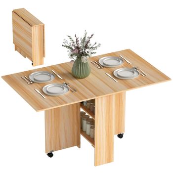 HOMCOM Mesa de Comedor Plegable con Ruedas Mesa Auxiliar Multifuncional con Alas Abatibles y Estantes 140x80x74cm Madera   Aosom España