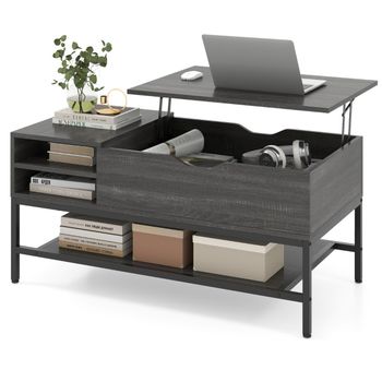 Costway Mesa de Centro Elevable con Compartimento Oculto Mesa de Salón de Madera con Estante de Almacenamiento Mesita de Comedor Elevable Gris