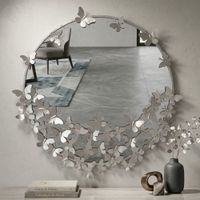 espejo de pared redondo con mariposas de metal plateado 91x3x94 cm