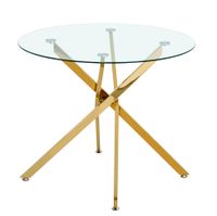 mesa de comedor de vidrio y metal dorado