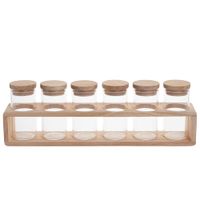 especiero con 6 tarros de vidrio con soporte de madera de hevea