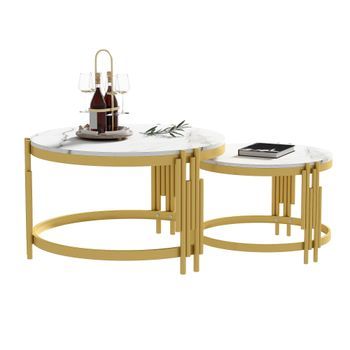 Set De Mesas De Centro - Mueble De Salón - Mdf Y Metal - Blanco Y Dorado (71.5x71.5x44cm)