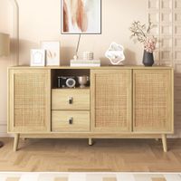 aparador efecto madera con 3 puertas correderas de ratan y 2 cajones