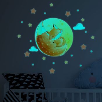 Vinilos Fosforescente Zorro Soñador + 50 Estrellas - Adhesivo De Pared - Revestimiento Sticker Mural Decorativo - 30x40cm