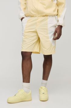 Pantalón Corto Holgado De Nailon Con Cintura Elástica Y Colores En Bloque, Amarillo