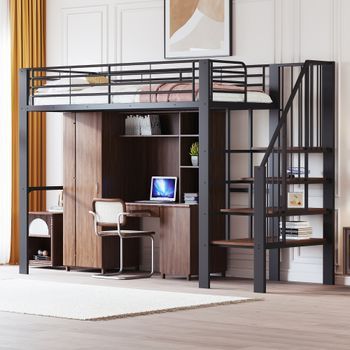 Cama Alta De 90 X 200 Cm Con Escalera Y Barandillas De Seguridad - Metal - Somier Incluido - Negro (sin Colchón)