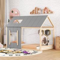 cama cabana infantil con techo y ventana 90x200 cm gris y natural