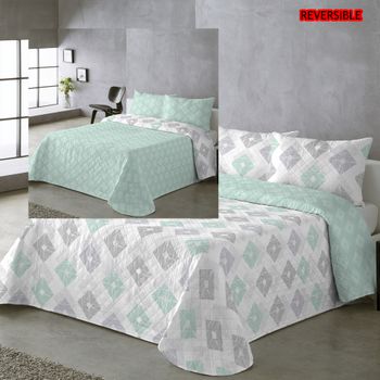 Moda Textil Colcha Bouti Primavera Verano Reversible Color Aqua Mod.Rombos Cama 90 ,105,135 y 150  Ligeras y Suaves Incluye fundas de cojín
