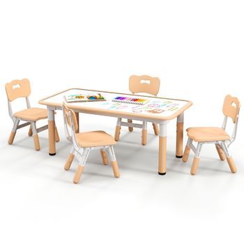 Juego De Mesa Infantil Con 4 Sillas Con Tablero Graffiti. Grupo De Asientos Infantiles Regulables En Altura En Color Natural.