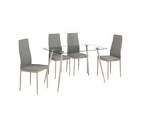 conjunto mesa cristal  4 sillas color gris tela comedor salon estilo nordico patas metal efecto madera