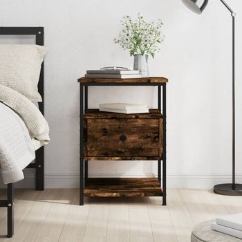 Mesita De Noche - Mueble De Dormitorio - Madera Y Hierro - Roble Ahumado (40x42x56cm)