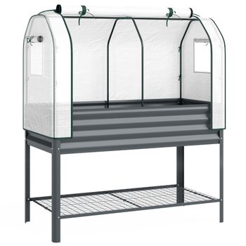 Outsunny Huerto Urbano Elevado con Cubierta de Invernadero y Estante Inferior para Cultivo Plantas 120x55x140 cm Gris Oscuro