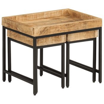 Mesas Apilables 3 Uds，mesa Auxiliar，mesita De Centro Madera De Mango Rugosa Maciza Y Hierro