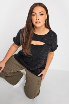 Yours Camiseta De Algodón Cut Out Negro Lavado, Mujer Curvy Y Tallas Grandes, Yours