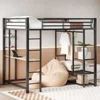 cama alta 140 x 200 cm con escritorio y estantes de almacenamiento - metal - somier de laminas - negro sin colchon