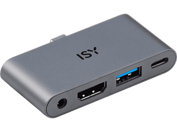 Adaptador - ISY IAD 1019-1 4-in-1 USB-C, 480 Mbit/s, USB-A, HDMI 2.0, 3.5 mm AudioPort, 1x Gris Aluminio