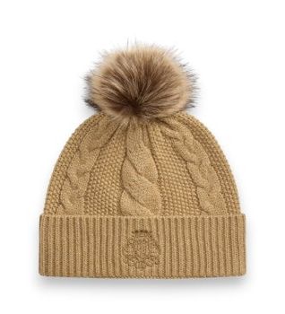 Lauren Ralph Lauren para mujer. 454P23548001 Gorro de punto con pompón y escudo (OSFA), Beige, Casual, Sintético
