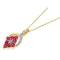 9ct gold ruby and diamond cluster pendant and chain - d9511