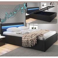 cama canape de matrimonio con colchon  cama doble con cabecero  led y subwoofer  somier lamas  negro  madera y polipiel  modelo bahia  180x200