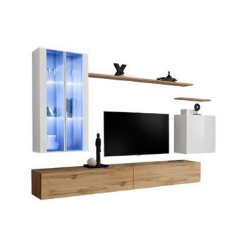 Conjunto De Muebles De Salón Mural Switch Xii Diseño, Color Roble Wotan Y Blanco Brillante.