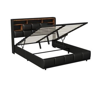 Cama tapizada 160x200cm con usb y enchufes, cama juvenil de matrimonio con somier y espacio de almacenaje, cama canapé con led, polipiel, color negro