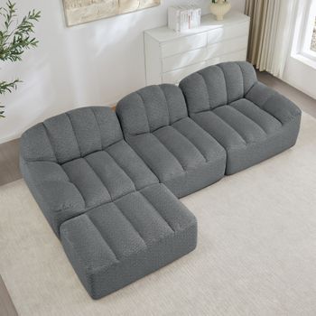 Sofá Modular En L De 3 Plazas Con Otomana, Gris, Espuma 32d Y Asiento Profundo