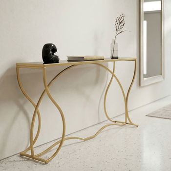 Consola de metal dorado con tablero de cristal negro cm 130x40x75