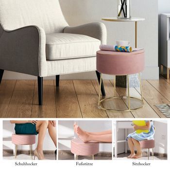 Taburete Redondo De Terciopelo Con Patas De Metal, Taburete Tapizado, Soporta Hasta 150 Kg, Color Rosa
