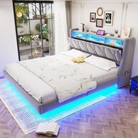 cama tapizada 180x200 cm con cabecero abatible y compartimentos de almacenaje - terciopelo - diseno flotante - leds - gris claro colchon no incluido