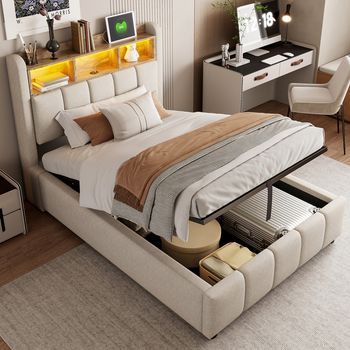 Cama Tapizada 90x200 Cm Con Iluminación Led Y Puerto Usb, Cabecero Con Superficies De Almacenamiento Y Espacio De Almacenamiento, Con Espacio De Almacenamiento Hidráulico, Cama Individual Infantil, Color Lino Beige