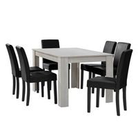 mesa de comedor  6 sillas forssa mdf y polipiel 140x90x77cm - roble blanco  negro encasa