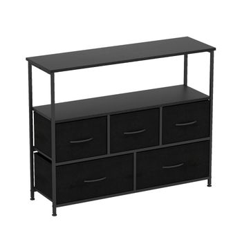 Costway Cómoda para Dormitorio con 5 Cajones Cajonera Ancha con 2 Estantes Abiertos de Madera y Estructura Metálica Resistente Organizador Negro