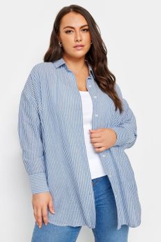 Yours Camisa Azul Con Lino Estampado Milrayas, Mujer Curvy Y Tallas Grandes, Yours