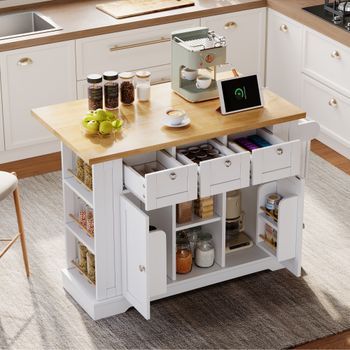 Mesa Móvil De 132 Cm, Tablero Plegable, Armario, Cajón, Especiero, Toalla, 5 Ruedas, Enchufe, Blanco + Natural