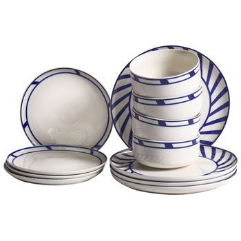 Vajilla De 12 Piezas De Porcelana Acabado Esmaltado Con Borde Decorativo Para 4 Personas Hecho A Mano Comedor Cocina Blanco Y Azul Shiso