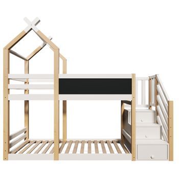 Cama Literas 90x200 - Diseño De Casa En Árbol, Con Pizarra, Almacenamiento Y Protección Contra Caídas - Natural Y Blanco