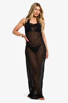 Vestido Maxi Para La Playa Essentials Con Escote Plisado, Negro