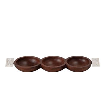 Set de aperitivo 3 platillos de madera con asas plateadas
