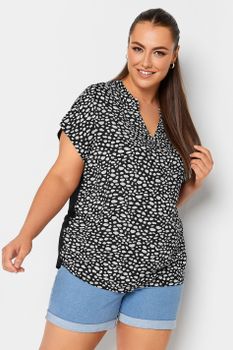 Yours Blusa Negra De Pico Con Estampado Animal, Mujer Curvy Y Tallas Grandes, Yours